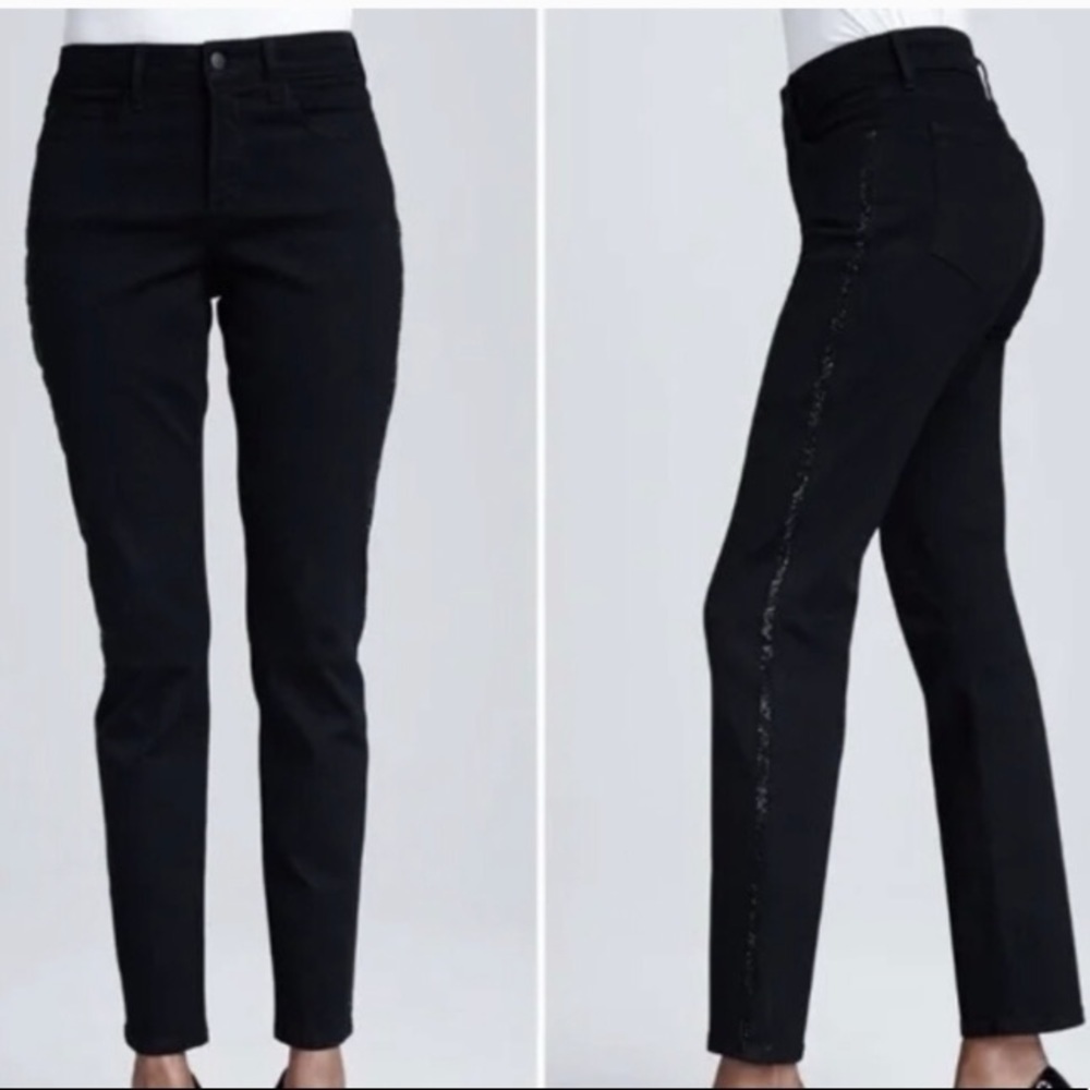 NYDJ Black Flare Leg Jeans with Black Rhinestones Down Sides of Legs size 10P‎